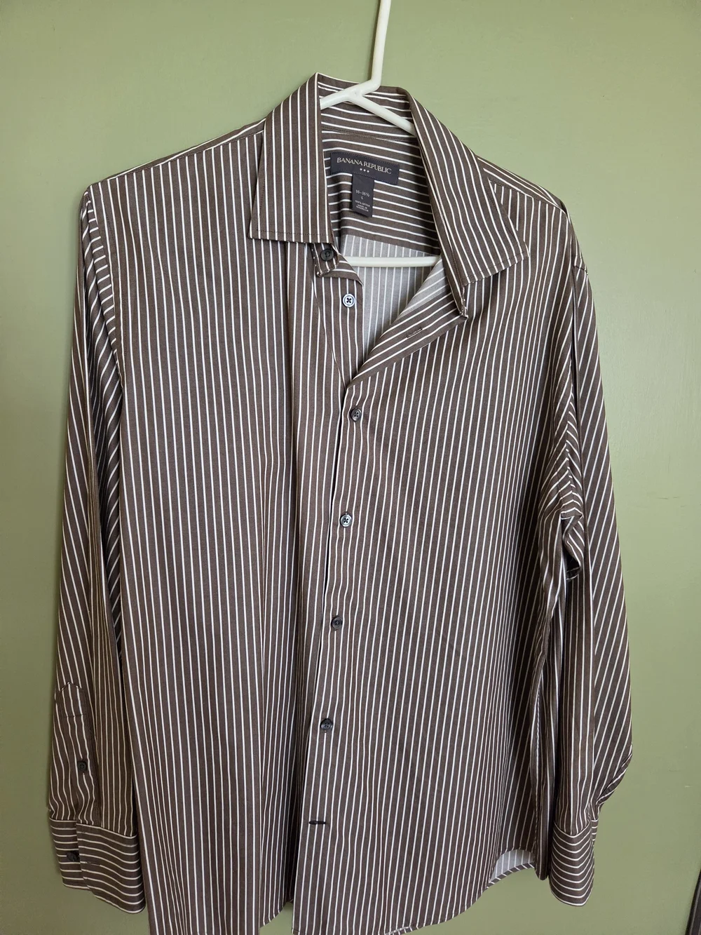 Banana Republic Brown and White Striped Men's Dress Shirt
